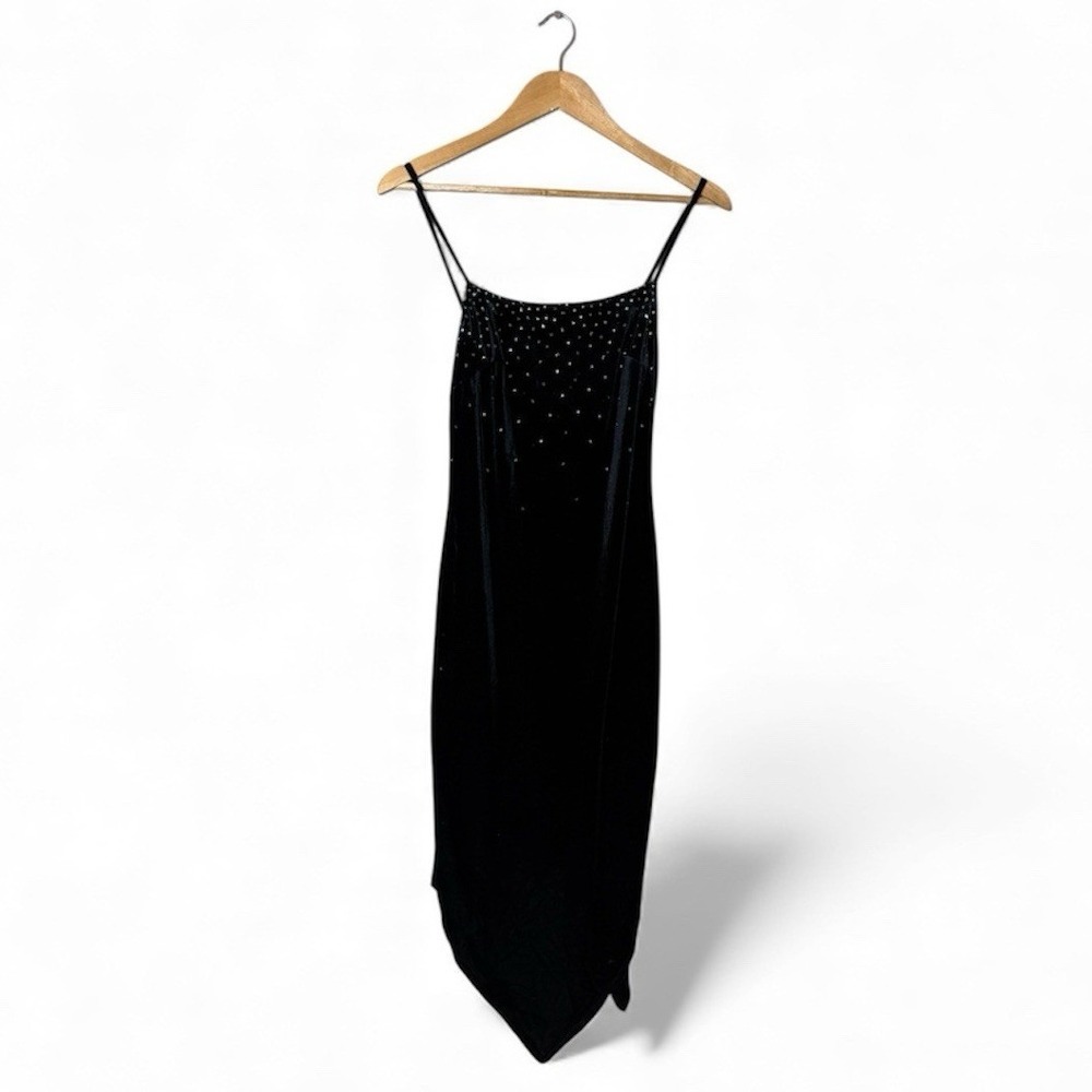 90s Y2K Rampage Black Velvet Glitter Bodycon Midi‎ Dress Small Formal Prom